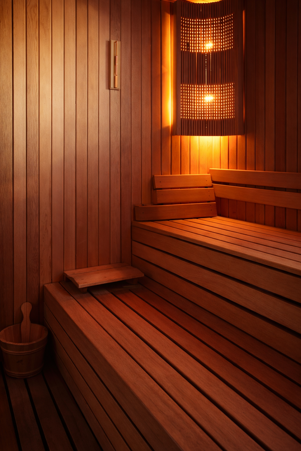 Les banquettes en bois et la lumière chaude du sauna